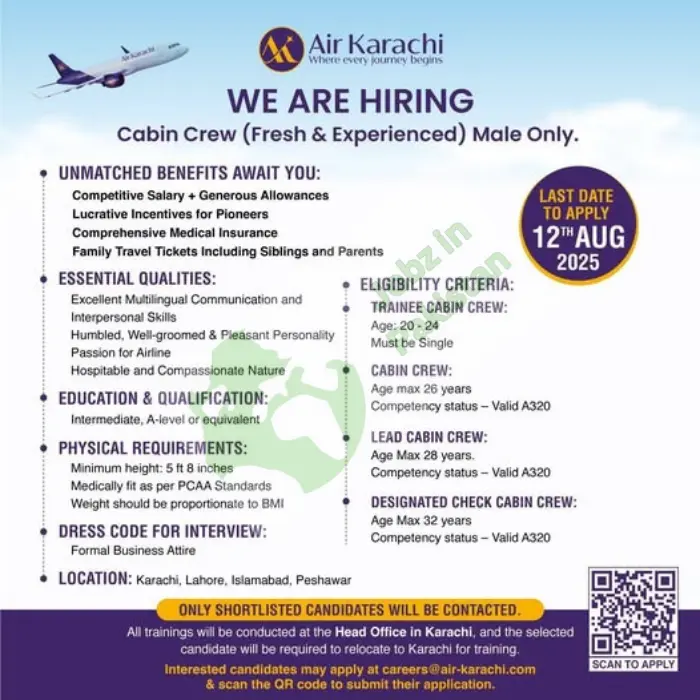 Cabin Crew.Air Karachi is looking for passionate, well-groomed, and professional male candidates Last Date to Apply: 12th August 2025
