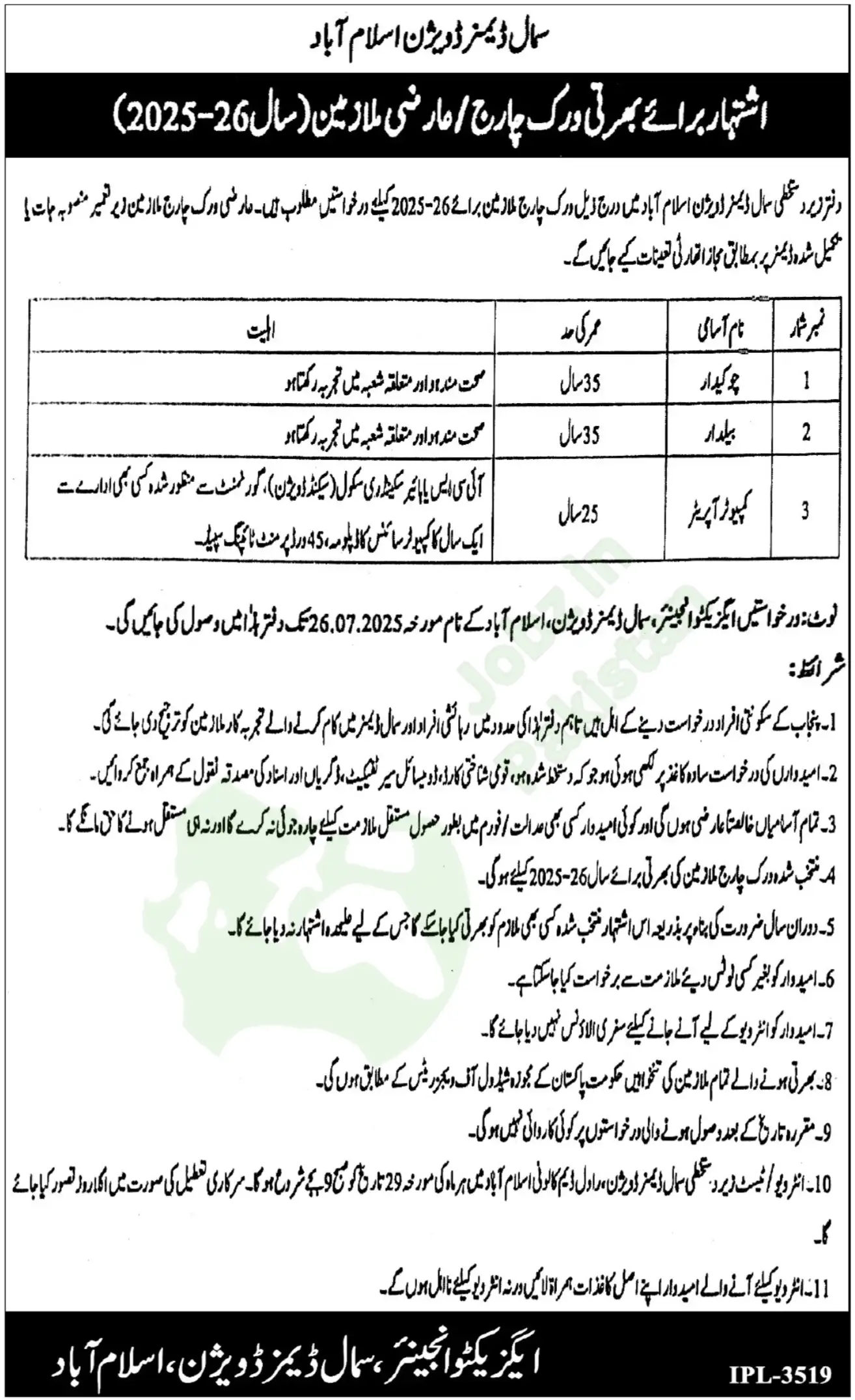 Govt Irrigation department in Islamabad July 2025