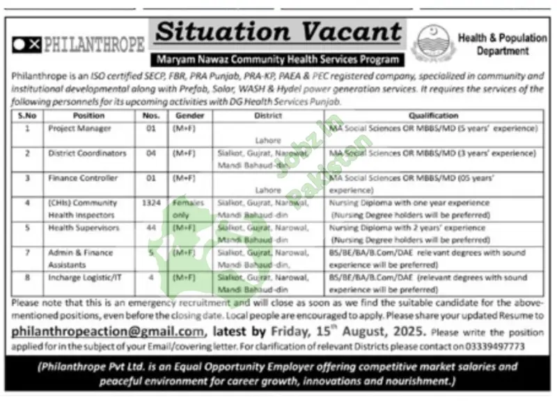 Multiple Positions Across Punjab join Philanthrope Pvt. Ltd. in partnership with the Health & Population Department Punjab.