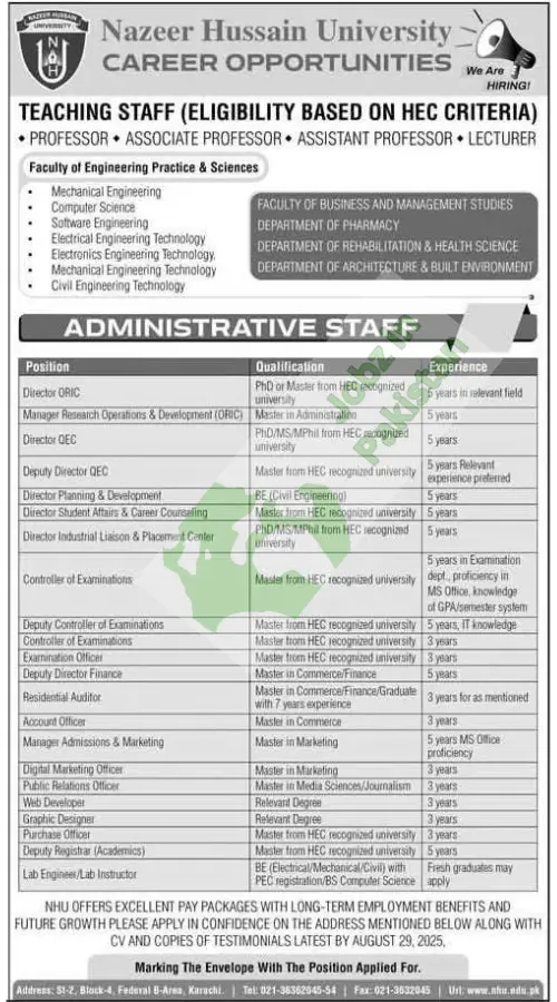 Nazeer Hussain University (NHU) in Karachi is hiring teaching and administrative staff across various faculties and departments.