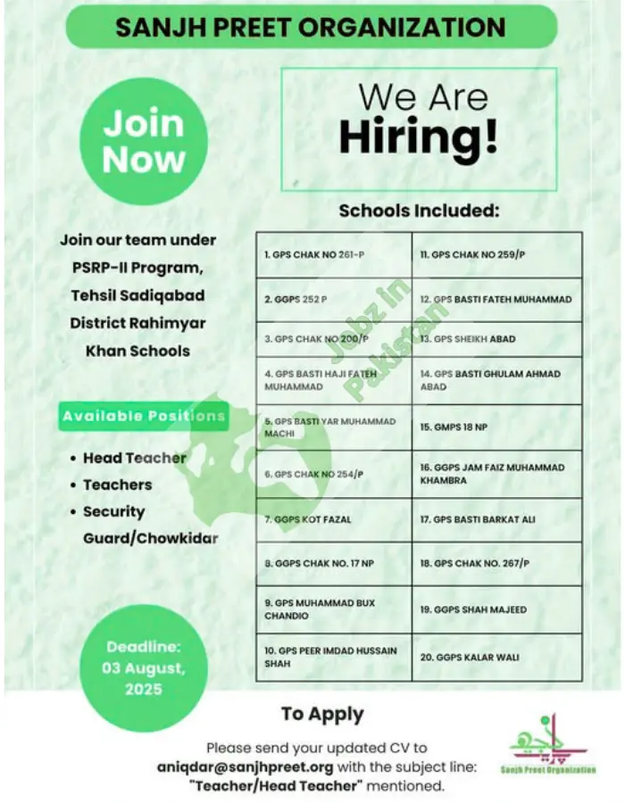 Join Our Team Now Hiring for 20 Government Schools – PSRP-II Program (Tehsil Sadiqabad, Rahim Yar Khan)Now Hiring for 20 Government Schools