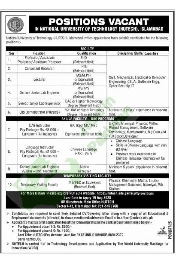 Positions Vacant National University of Technology (NUTECH), Islamabad National University of Technology (NUTECH) invites applications from qualified candidates for multiple faculty and technical positions.