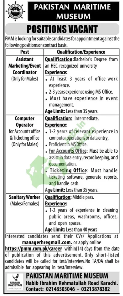 Pakistan Maritime Museum Hiring 2025 – Apply Now.Maritime Museum Karachi Jobs – Deadline 09 Aug