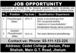 Hiring Alert At Cadet College Jhelum