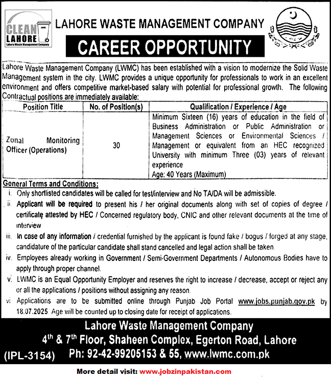 Lahore Waste Management Company Monitoring Officer Jobs 2025