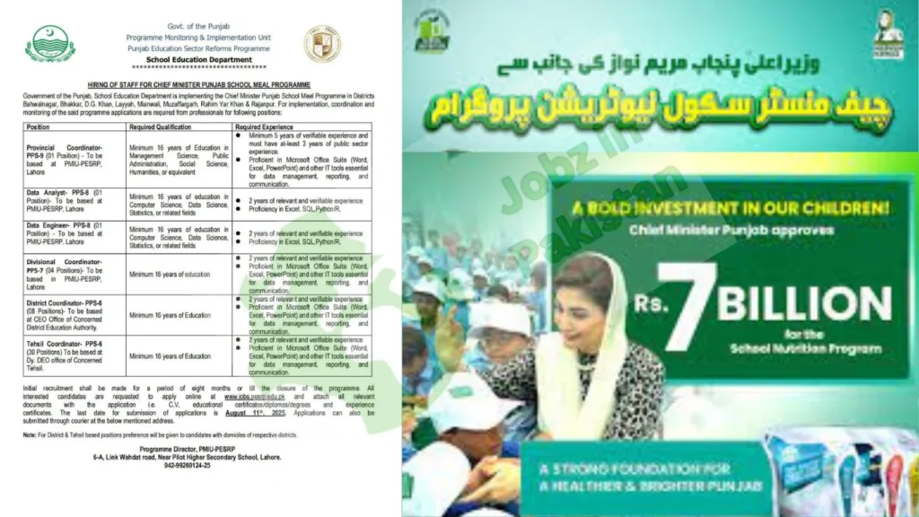 Job Opportunities in School Education Department The Government of Punjab is hiring professionals for the implementation and monitoring of the Chief Minister Punjab School Meal Programme in districts including Bahawalnagar, Bhakkar, D.G. Khan, Layyah, Mianwali, Muzaffargarh, Rahim Yar Khan, and Rajanpur.