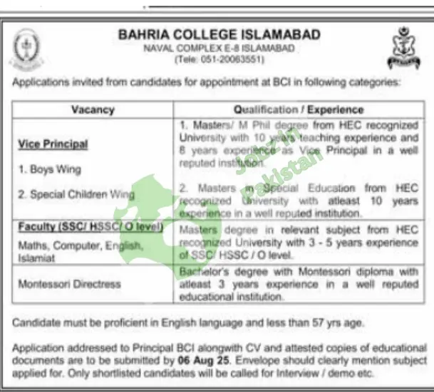 Bahria College.Exciting Career Opportunities at Bahria College Islamabad 2025.Last date to apply: August 6, 2025