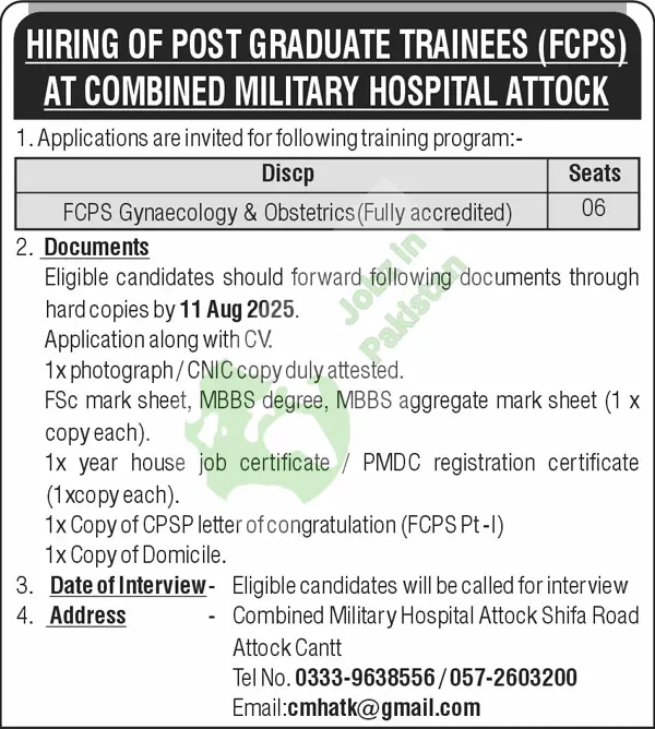CMH Attock.Vacancies Announced at Combined Military Hospital Attock,Daily Nation Newspaper on August 2, 2025: