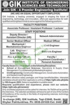 positions as advertised in Daily The News on August 2, 2025. These vacancies are available at the Topi Swabi campus, Khyber Pakhtunkhwa (KPK), Pakistan.