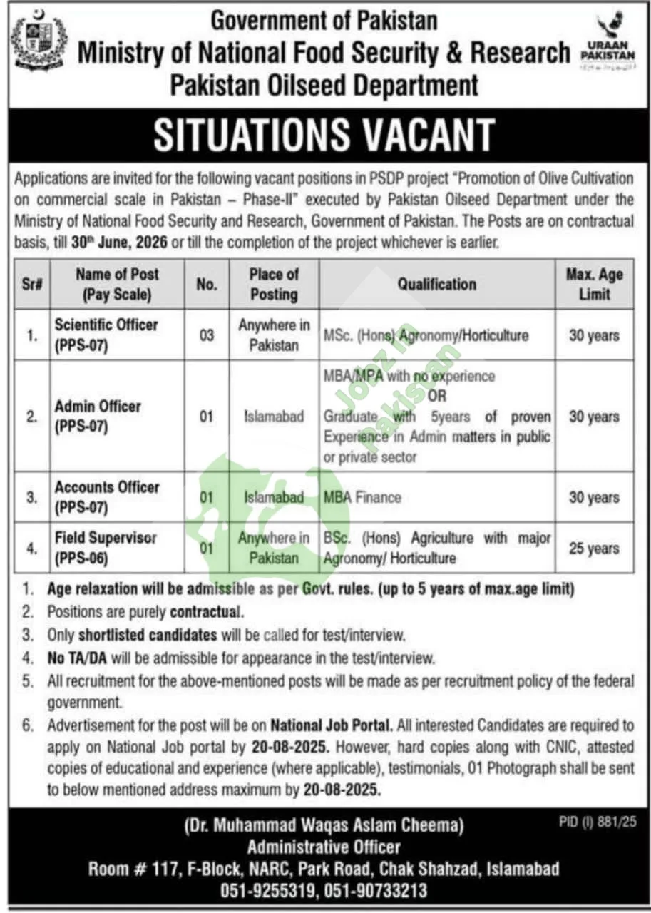 Government Jobs. Opportunities – Olive Cultivation Project Phase-II laste date.20-08-2025.