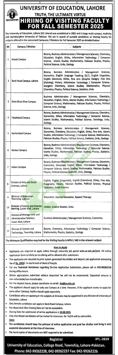 Hiring Visiting Faculty for Fall Semester 2025 ,University of Education Lahore Announces 100+ Visiting Faculty Positions for Fall 2025 Across 12 Campuses and Divisions – Apply Online by August 20