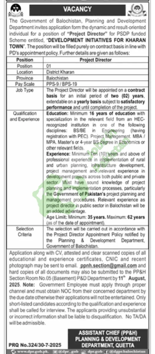 Latest Vacancy – Government of Balochistan.Project Director Job in Kharan – Government of Balochistan Hiring for Development Initiatives Scheme | Apply by August 11, 2025