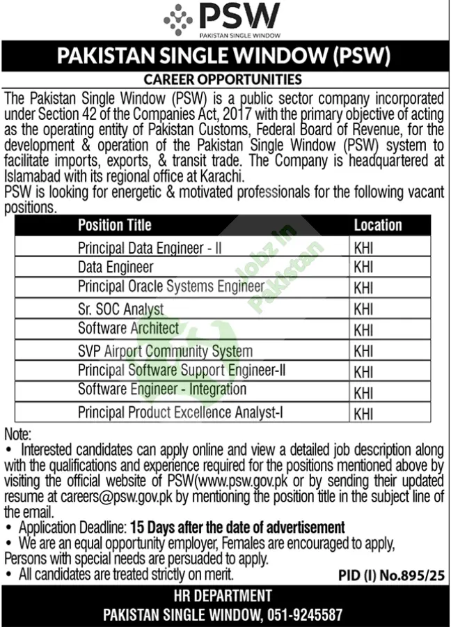 PSW Karachi Hirings .Hiring Organization: Pakistan Single Window (PSW) Location: Karachi, Sindh, Pakistan Published in: Daily Nawaiwaqt Newspaper Date Posted: August 2, 2025 Deadline: August 17, 2025