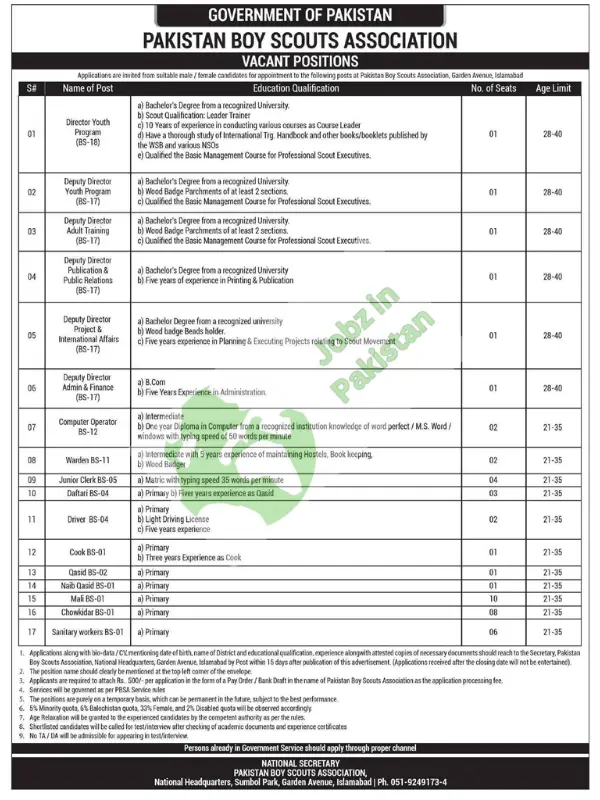 Scouts. Exciting Govt Jobs 2025 – Join Pakistan Scouts Today Government of Pakistan Pakistan Boy Scouts Association Vacant Positions.ost within 15 days after publication of this advertisement