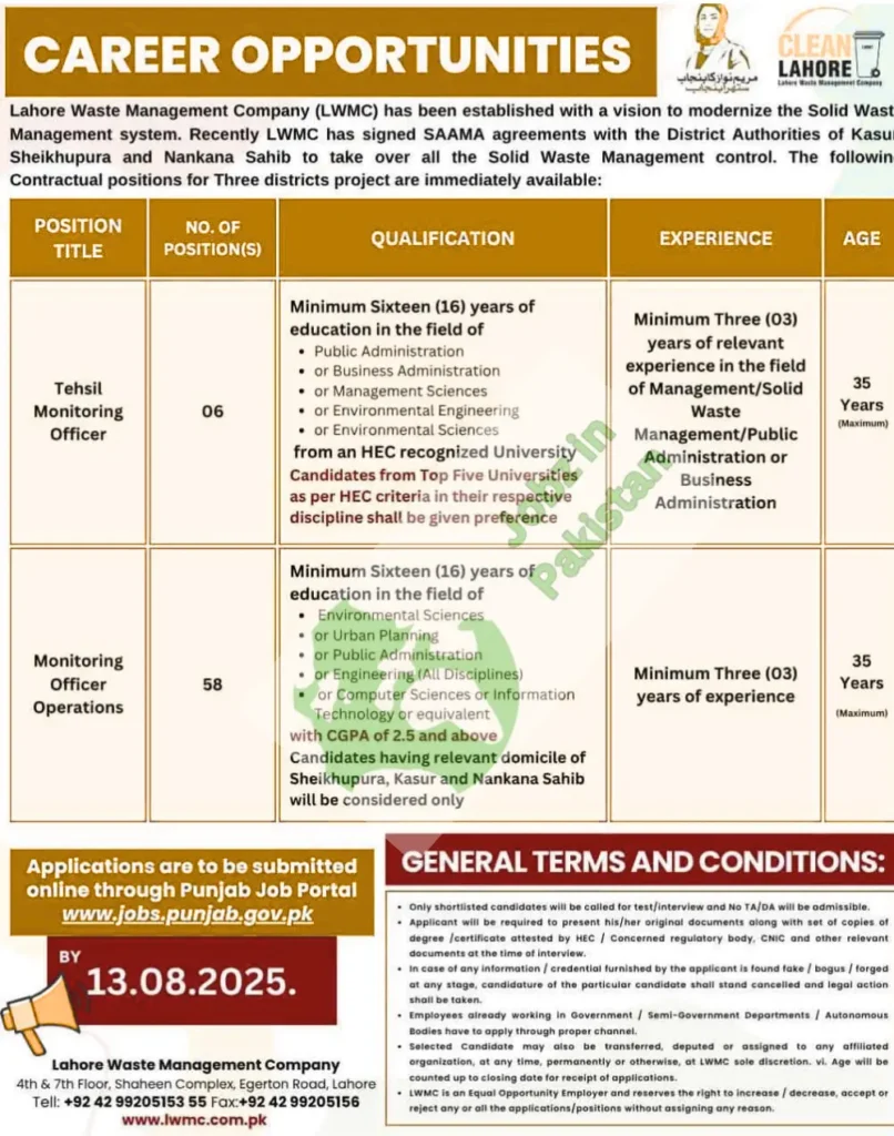 Urgent Hiring - 64 Government Job Vacancies ,Top Government Jobs in Punjab: 64 Vacancies at LWMC – Last Date August 13