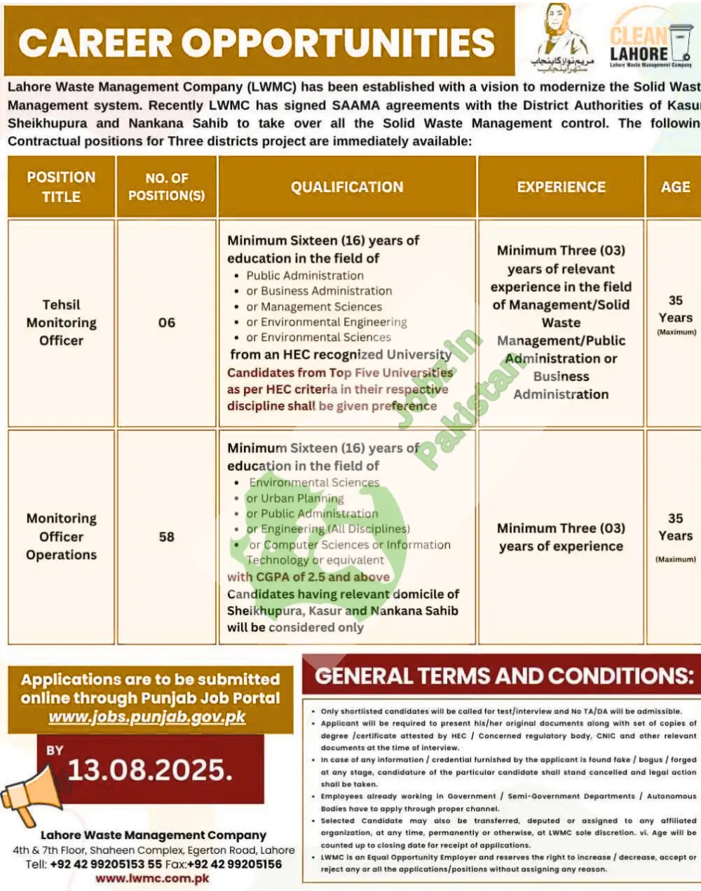 Urgent Hiring - 64 Government Job Vacancies ,Top Government Jobs in Punjab: 64 Vacancies at LWMC – Last Date August 13